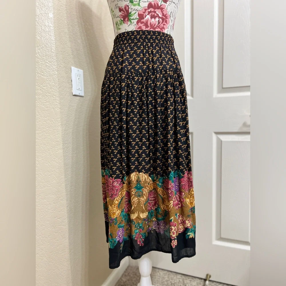 Carole Little Black Midi Skirt with Gold, Pink and Teal Floral Border